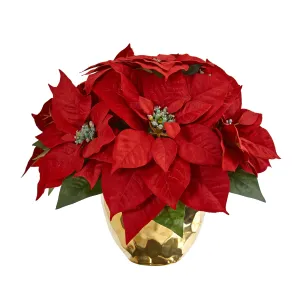 11" Artificial Poinsettia Arrangement in Golden Vase - Low Maintenance, Life-Like & Vibrant Silk Flowers For Busy People.