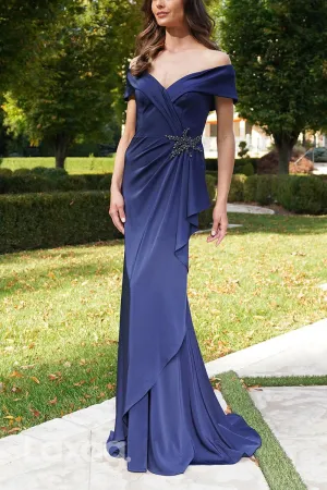 22678 - Off Shoulder Beaded Sleek Satin Mermaid Mother of the Bride Dress