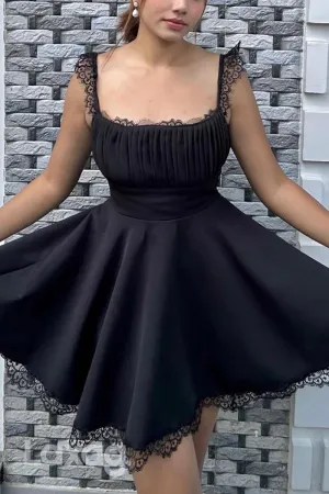22901 - A-Line Spaghetti Straps Lace Sleek Satin Elegant Party Homecoming Dress