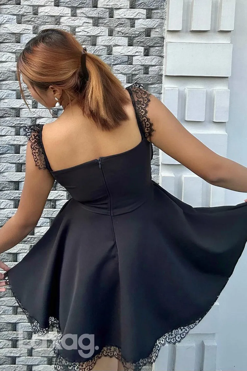 22901 - A-Line Spaghetti Straps Lace Sleek Satin Elegant Party Homecoming Dress