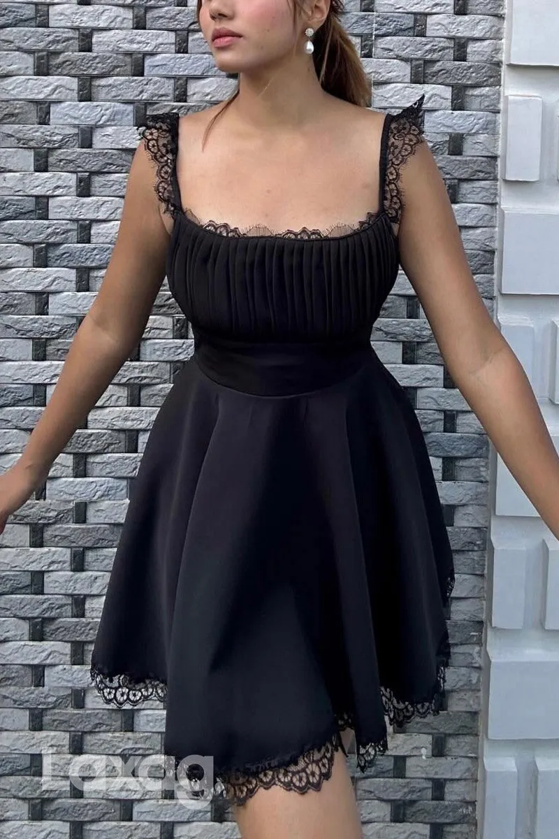 22901 - A-Line Spaghetti Straps Lace Sleek Satin Elegant Party Homecoming Dress
