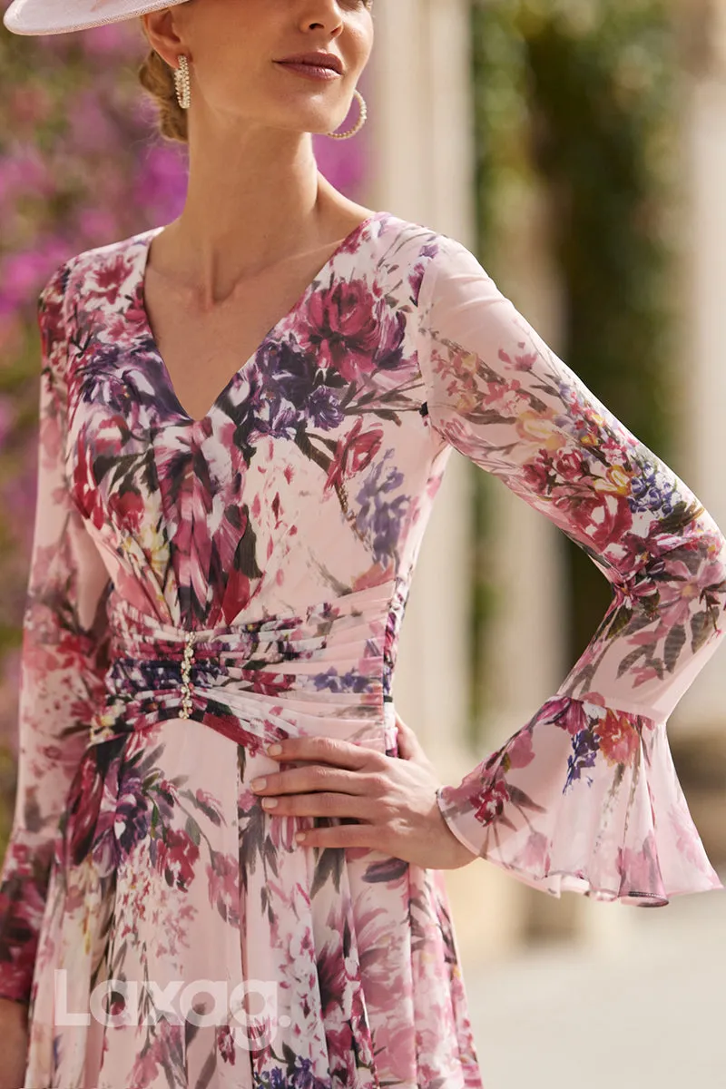 23004 - A-Line V-Neck Long Sleeves Printed Chiffon Mother of the Bride Dress