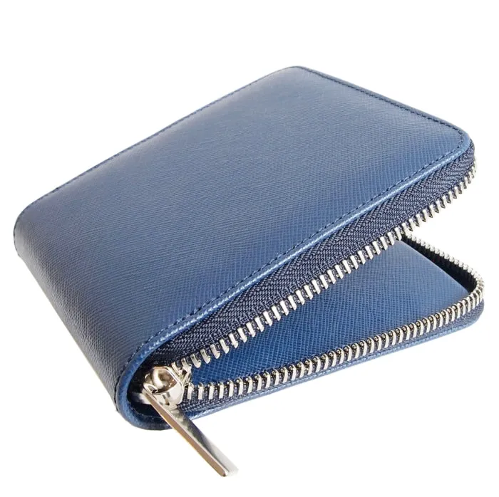 4 Credit Card Zip Saffiano Leather Wallet Blue