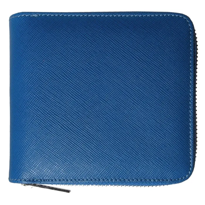 4 Credit Card Zip Saffiano Leather Wallet Blue