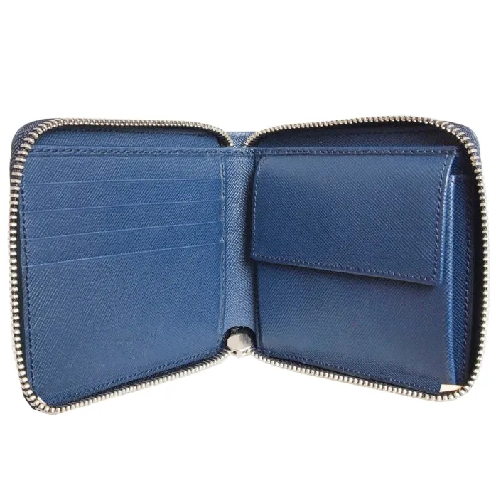 4 Credit Card Zip Saffiano Leather Wallet Blue