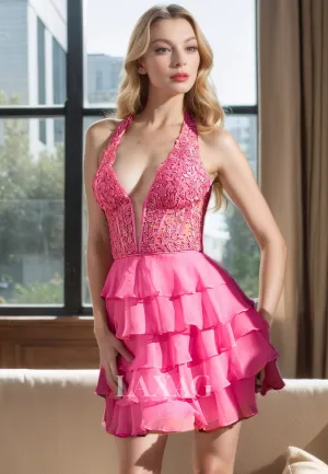 A-Line Halter Low V-Neck Lace Appliques Beaded Tiered Party Homecoming Dress