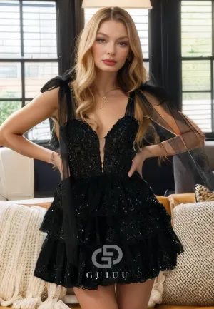 A-Line V Neck Strapless Straps Sleeveless Tiered Black Homecoming Dress