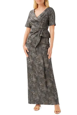 Aidan Mattox V-Neck Short Sleeves Back Zipper Side Pleated Detail Long Jacquard Gown