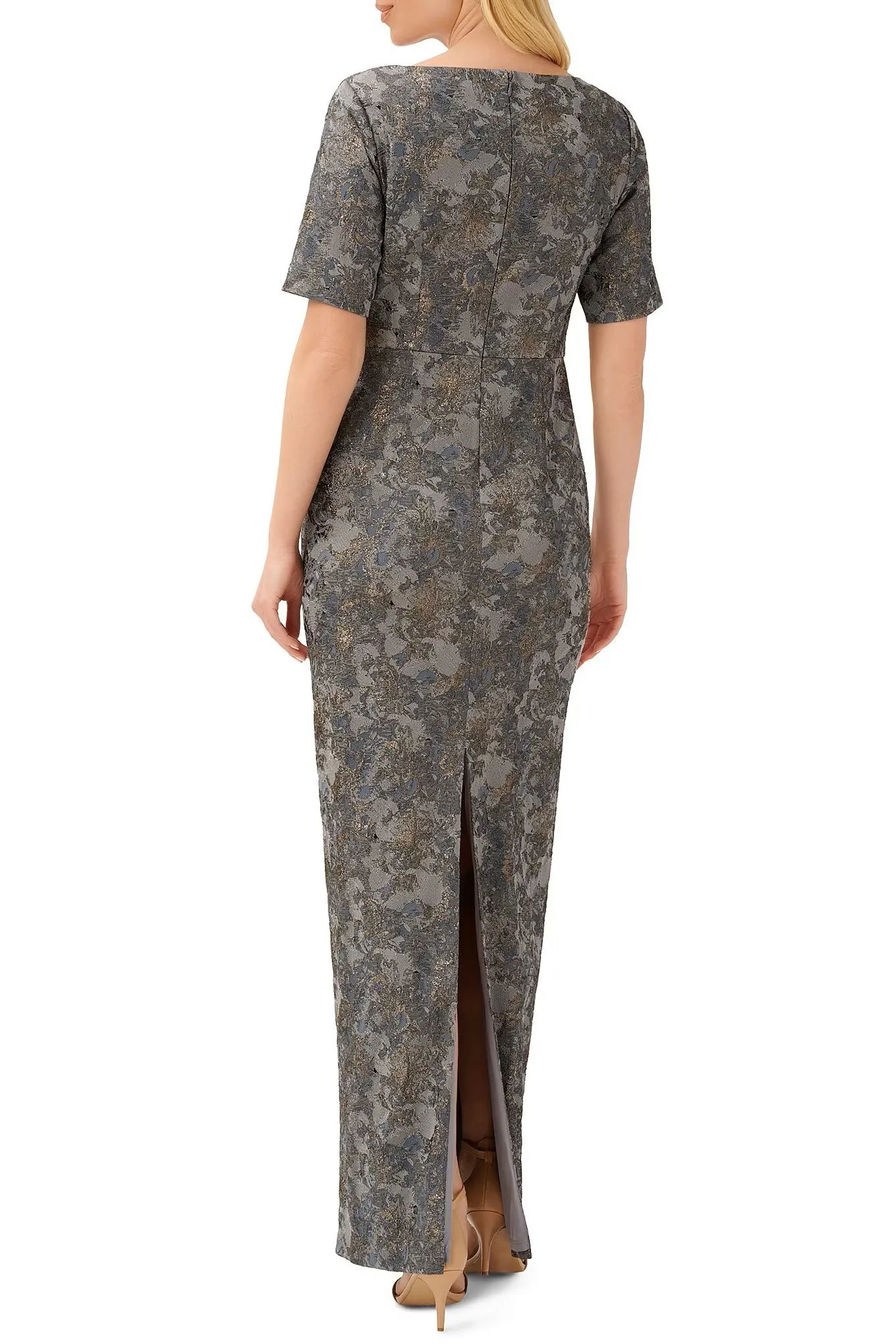 Aidan Mattox V-Neck Short Sleeves Back Zipper Side Pleated Detail Long Jacquard Gown