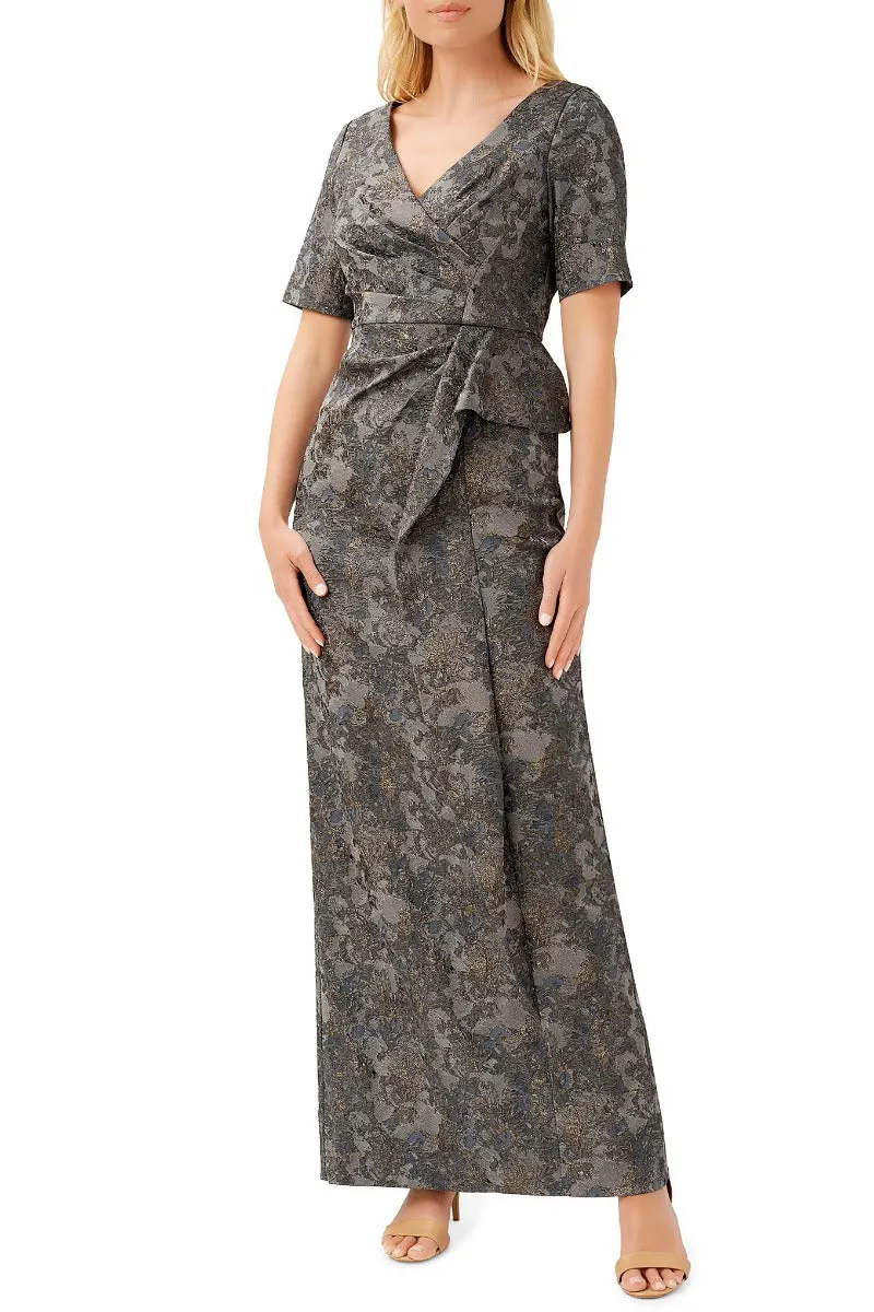 Aidan Mattox V-Neck Short Sleeves Back Zipper Side Pleated Detail Long Jacquard Gown