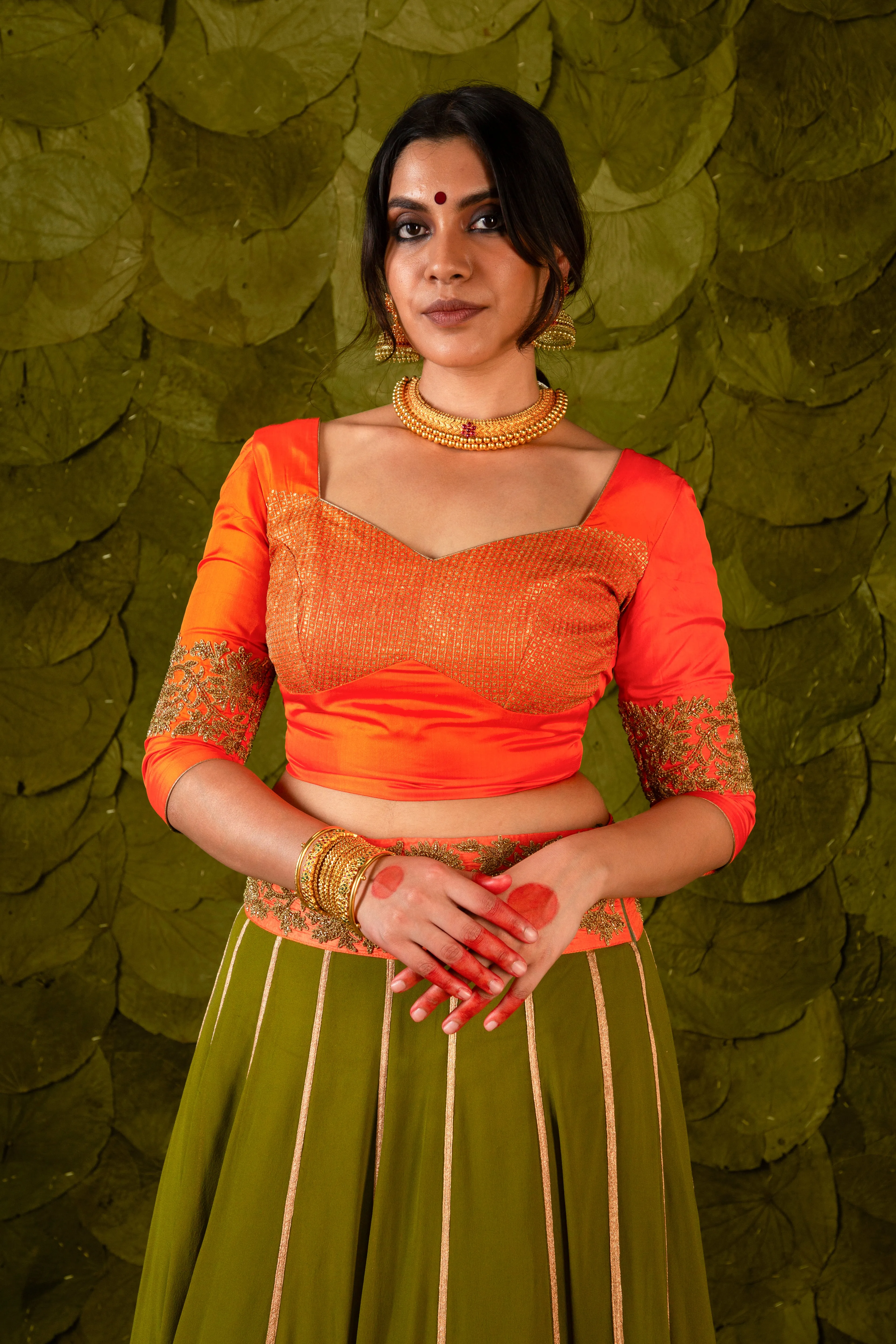 Akka (ಅಕ್ಕ) Lehenga in Signal Orange and Terrarium Moss Green