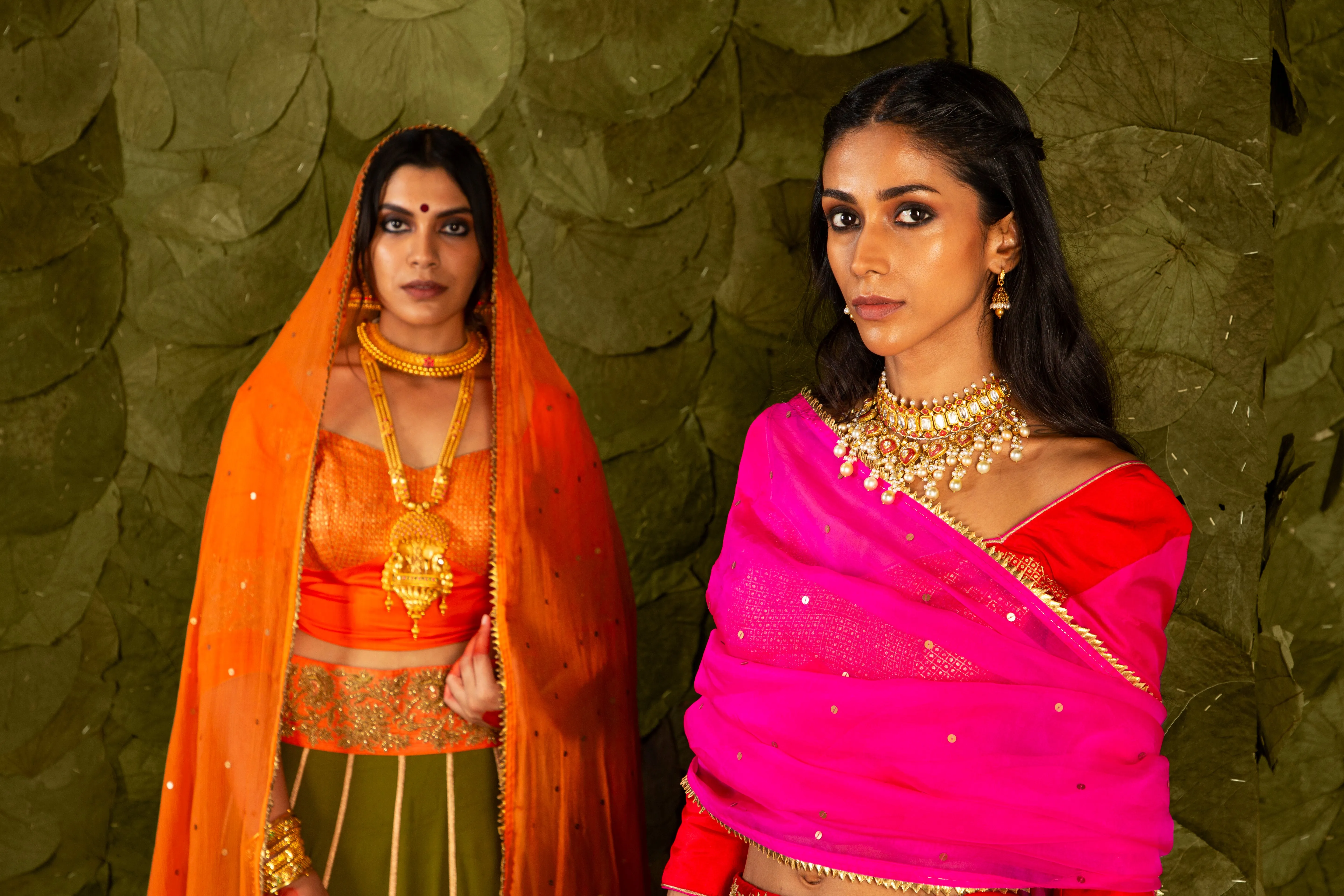 Akka (ಅಕ್ಕ) Lehenga in Signal Orange and Terrarium Moss Green