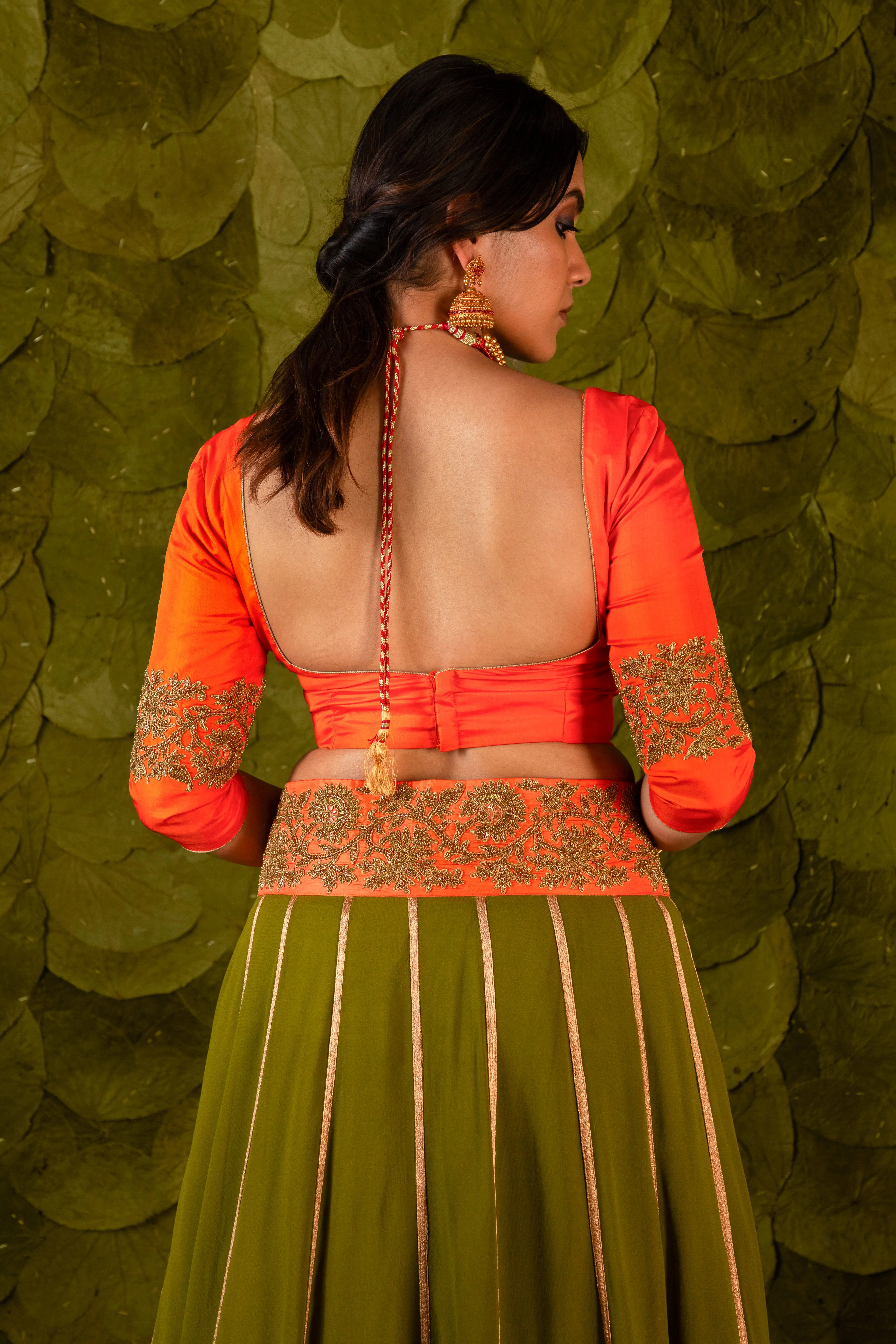 Akka (ಅಕ್ಕ) Lehenga in Signal Orange and Terrarium Moss Green
