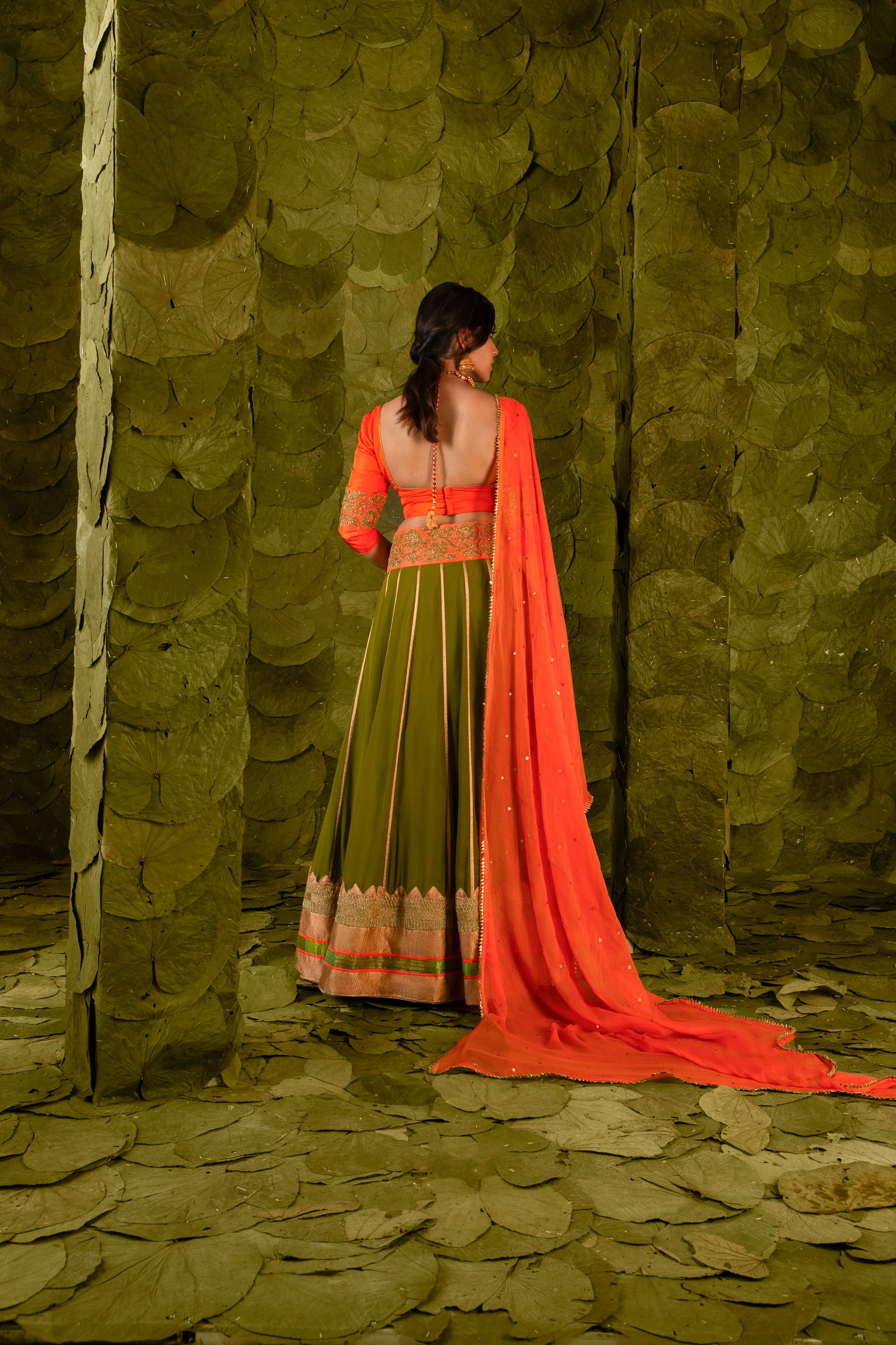 Akka (ಅಕ್ಕ) Lehenga in Signal Orange and Terrarium Moss Green