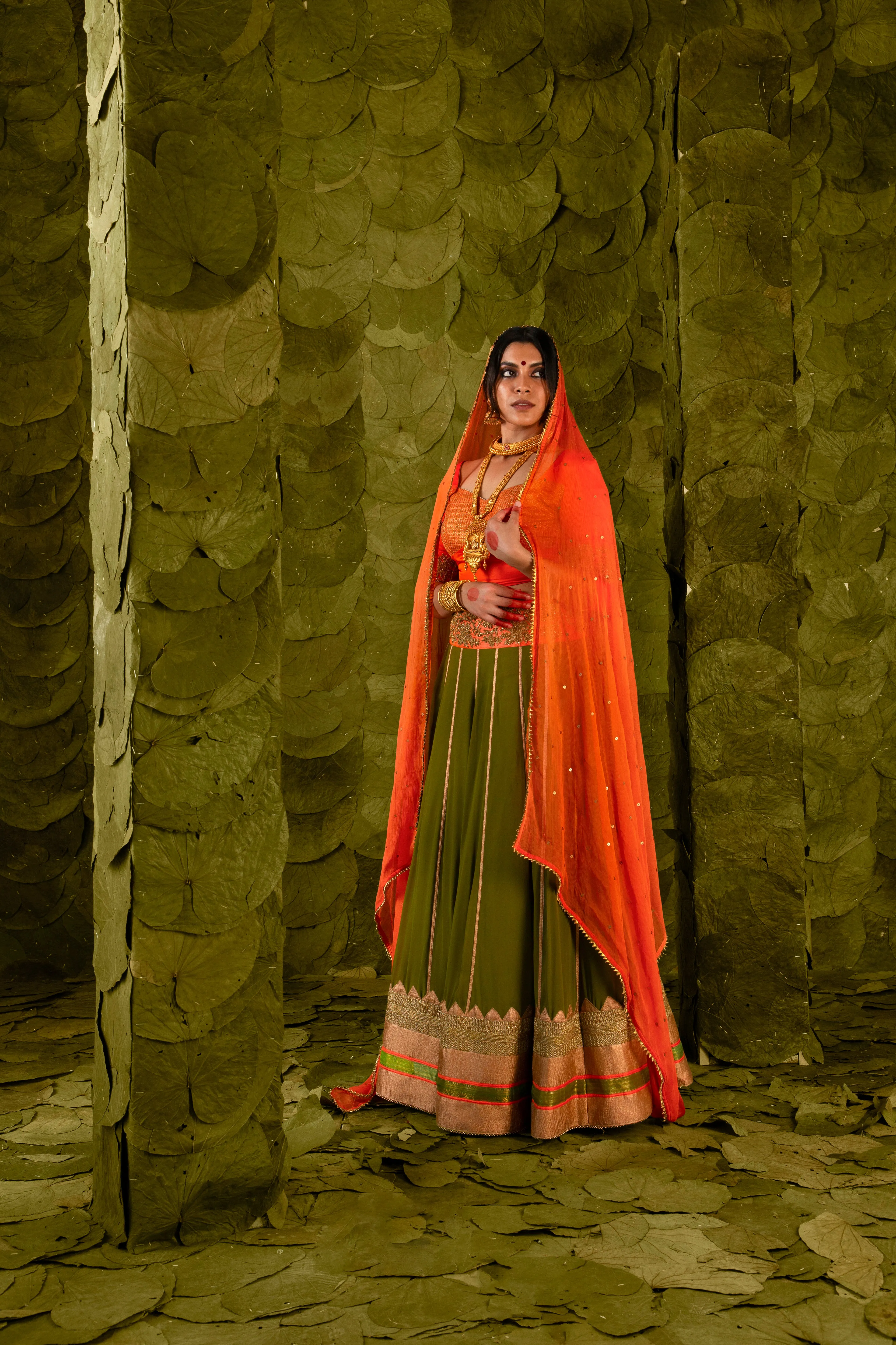 Akka (ಅಕ್ಕ) Lehenga in Signal Orange and Terrarium Moss Green