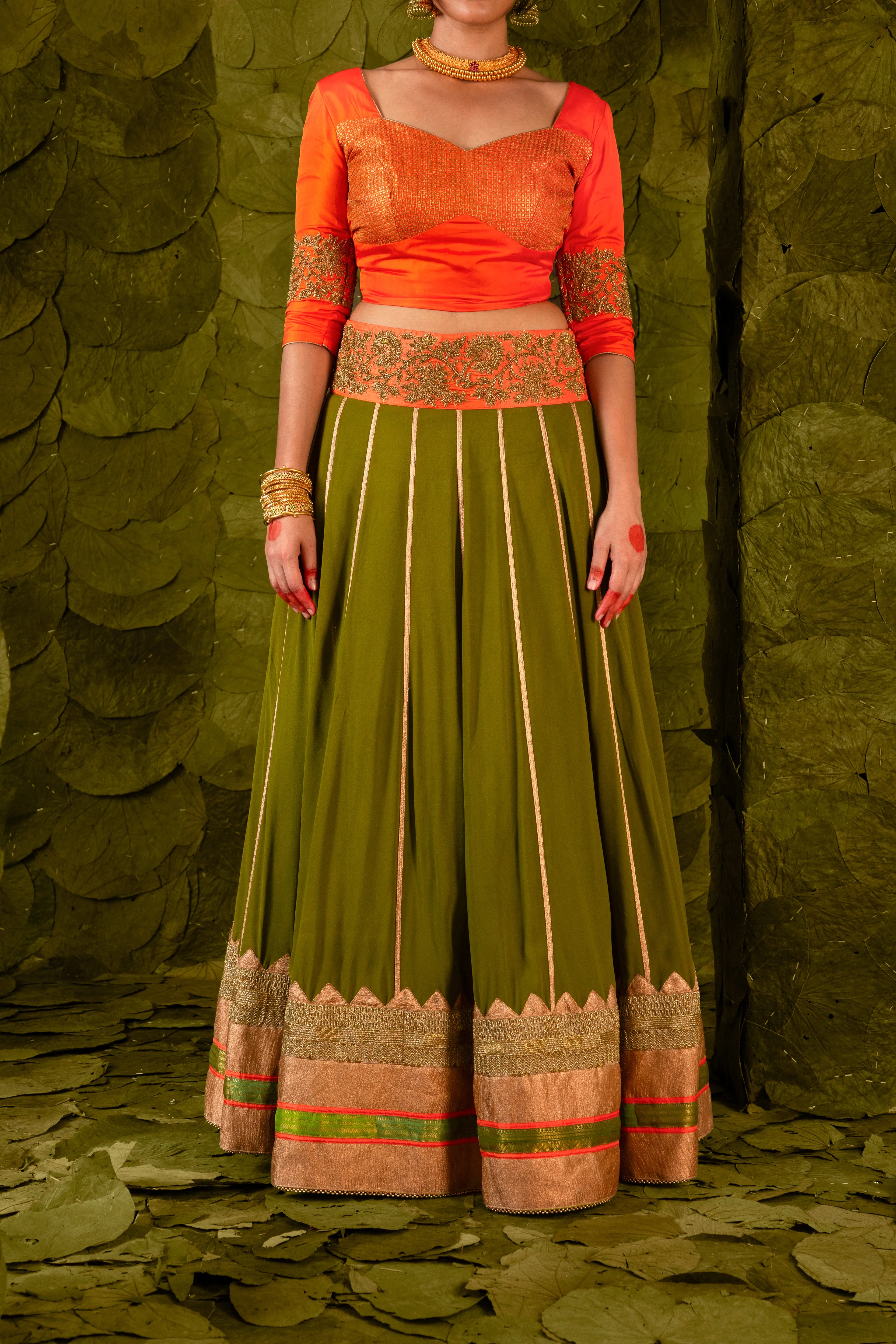 Akka (ಅಕ್ಕ) Lehenga in Signal Orange and Terrarium Moss Green