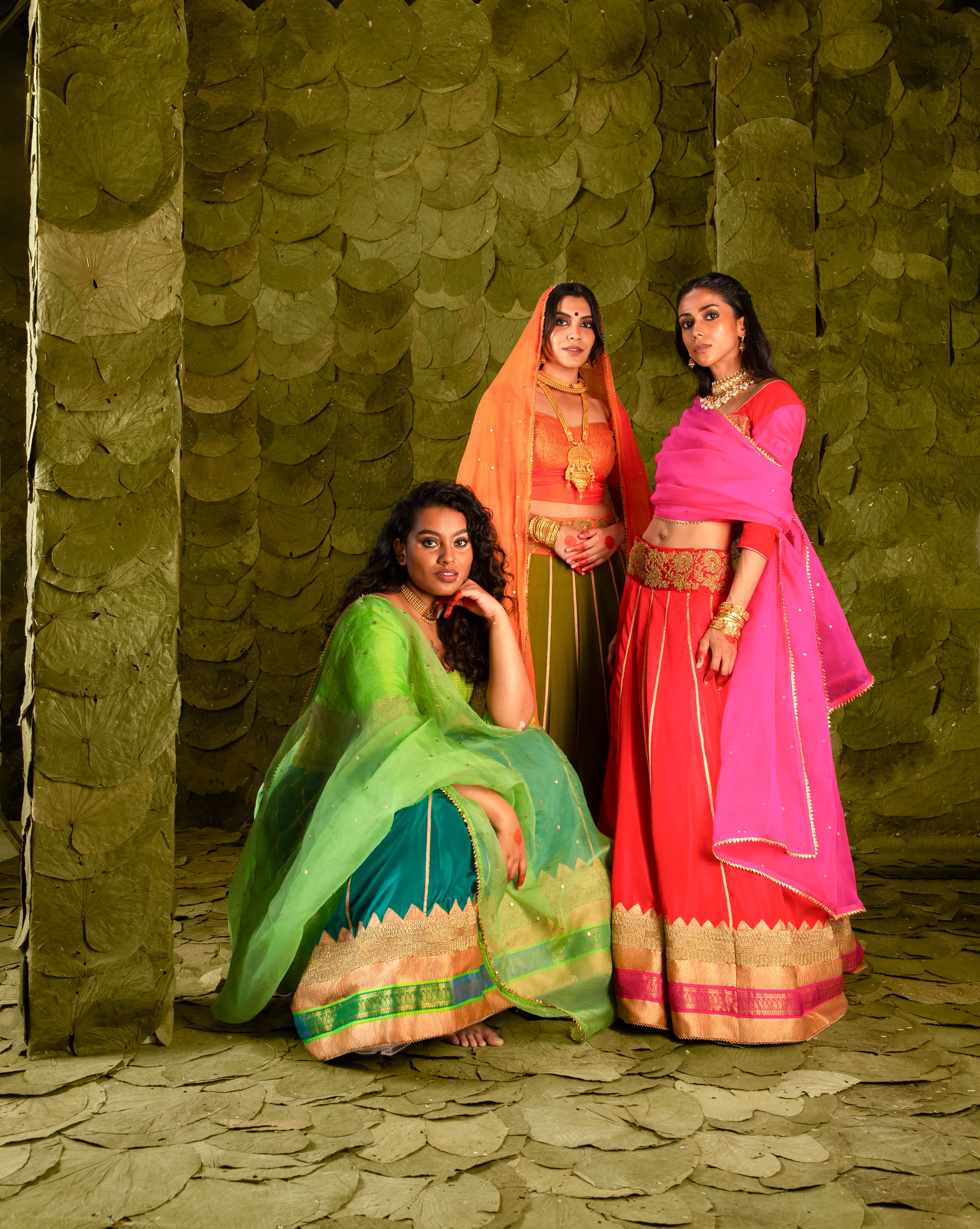 Akka (ಅಕ್ಕ) Lehenga in Signal Orange and Terrarium Moss Green