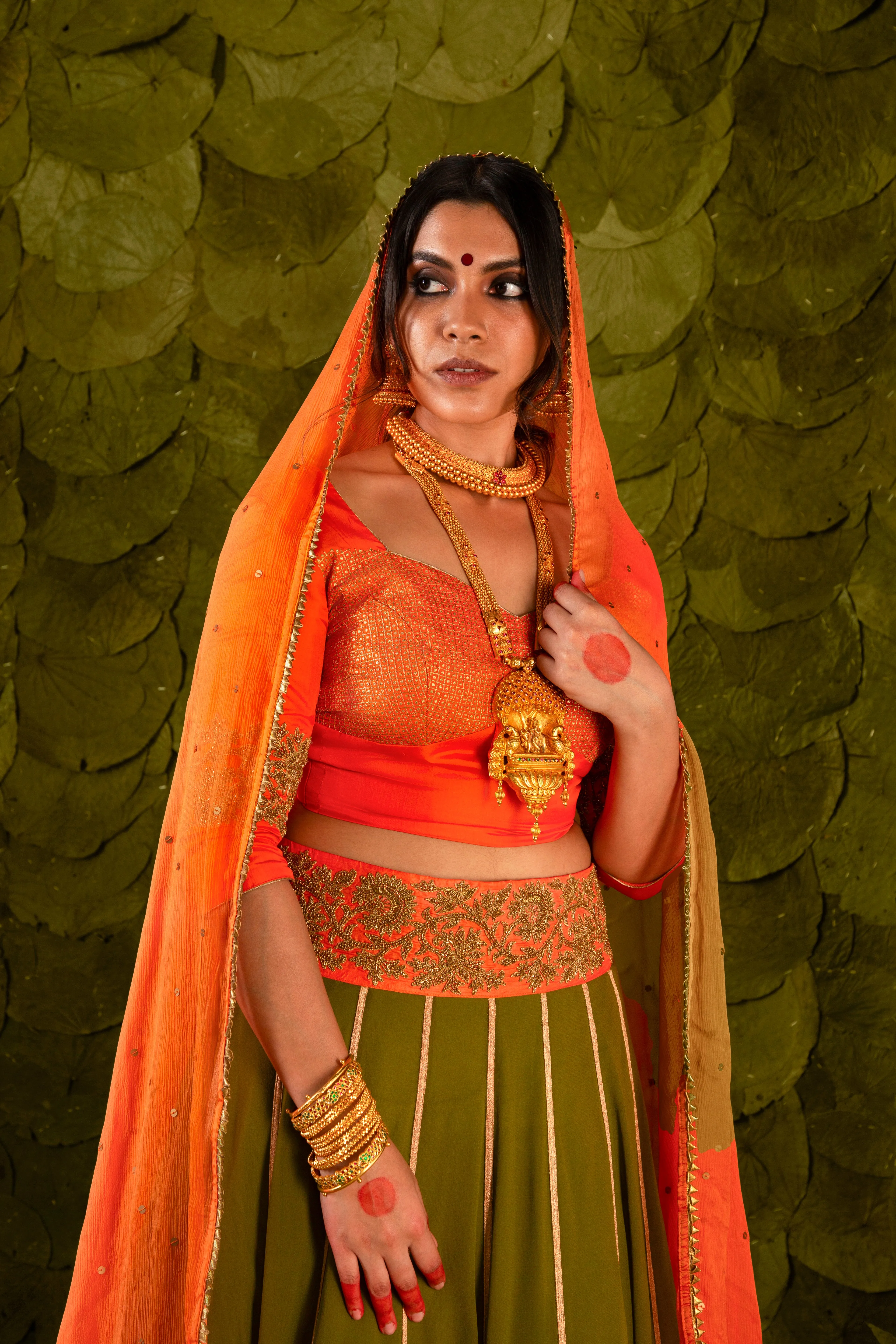 Akka (ಅಕ್ಕ) Lehenga in Signal Orange and Terrarium Moss Green