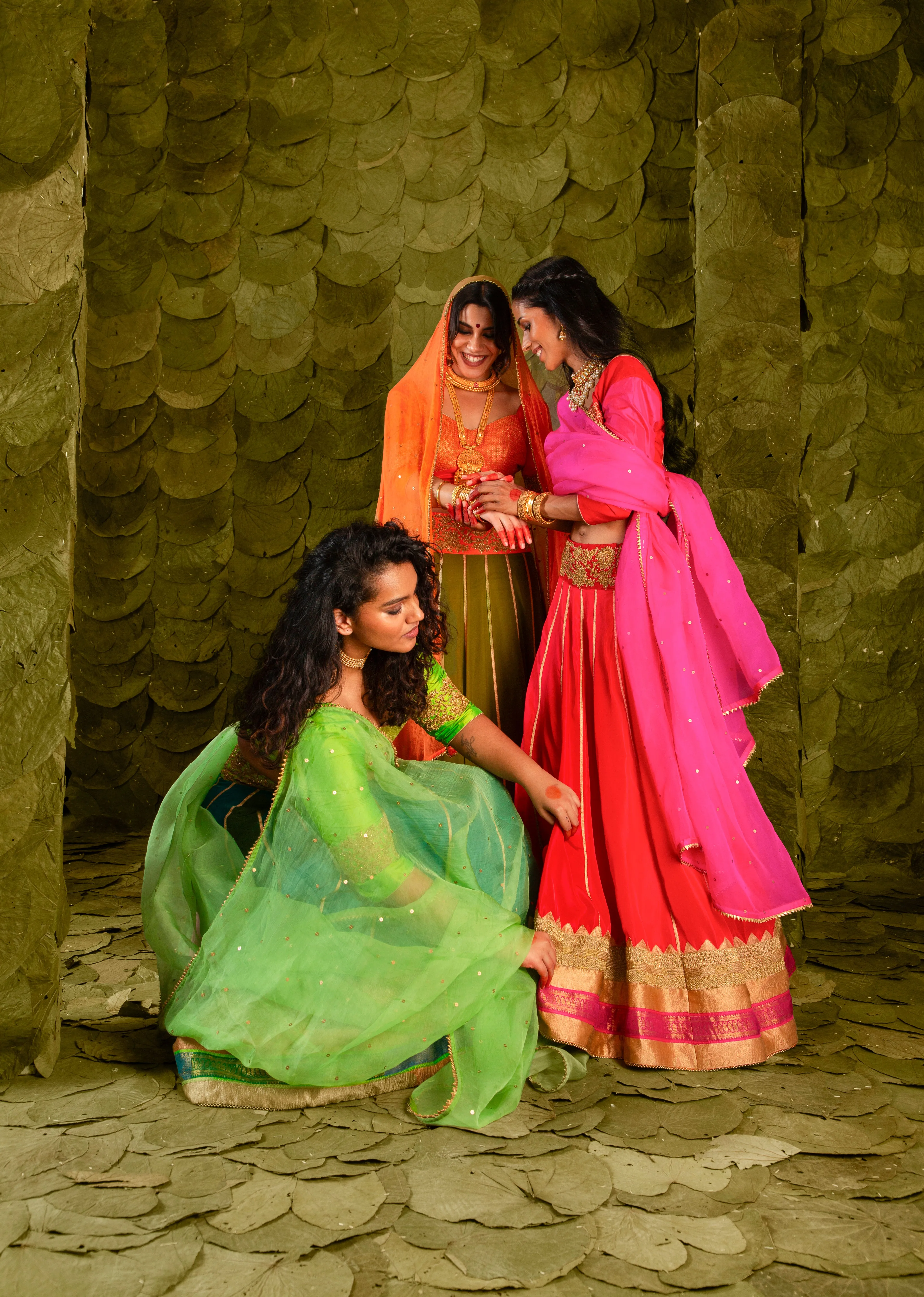 Akka (ಅಕ್ಕ) Lehenga in Signal Orange and Terrarium Moss Green