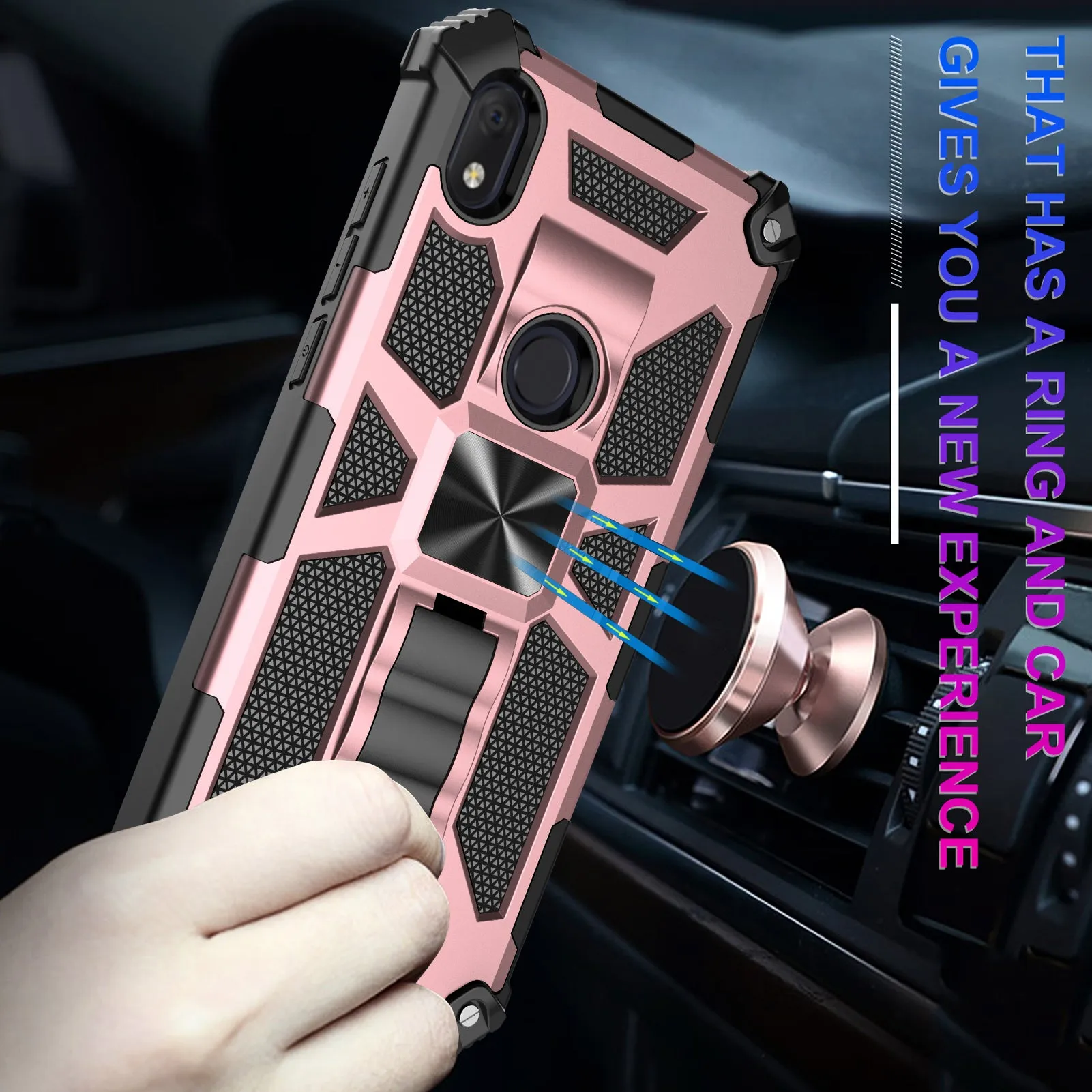 Alcatel Lumos Case/AT&T Alcatel Axel Case [Military Grade] Ring Car Mount Kickstand Hybrid Hard PC Soft TPU Shockproof Protective Case - Rose Gold
