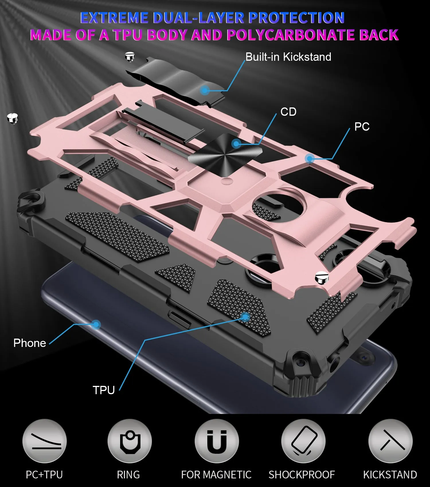 Alcatel Lumos Case/AT&T Alcatel Axel Case [Military Grade] Ring Car Mount Kickstand Hybrid Hard PC Soft TPU Shockproof Protective Case - Rose Gold