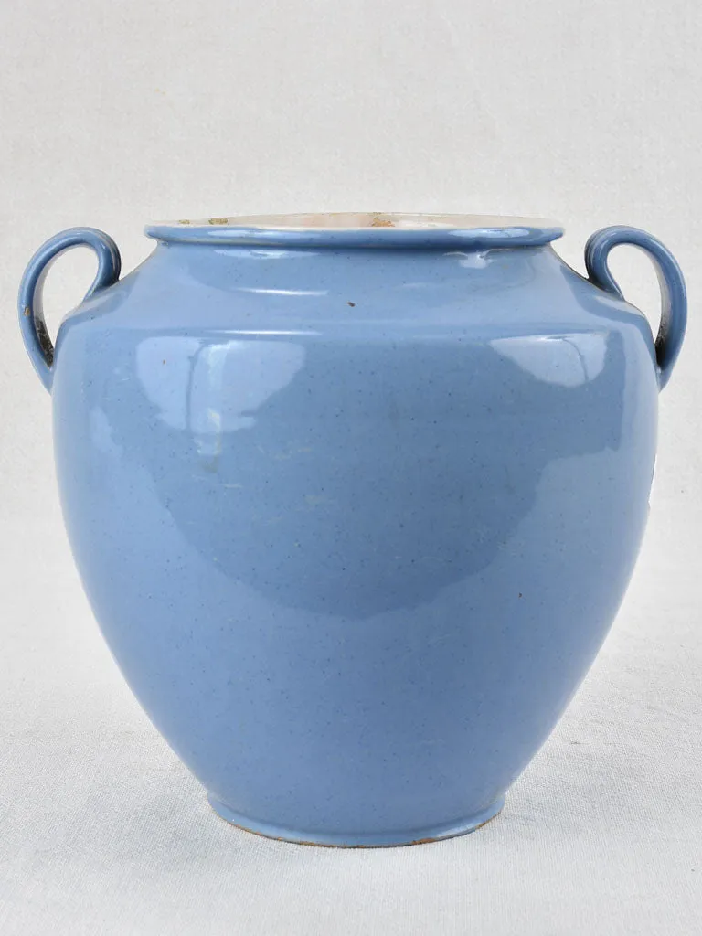 Antique French preserving pot with blue glaze 8¾"