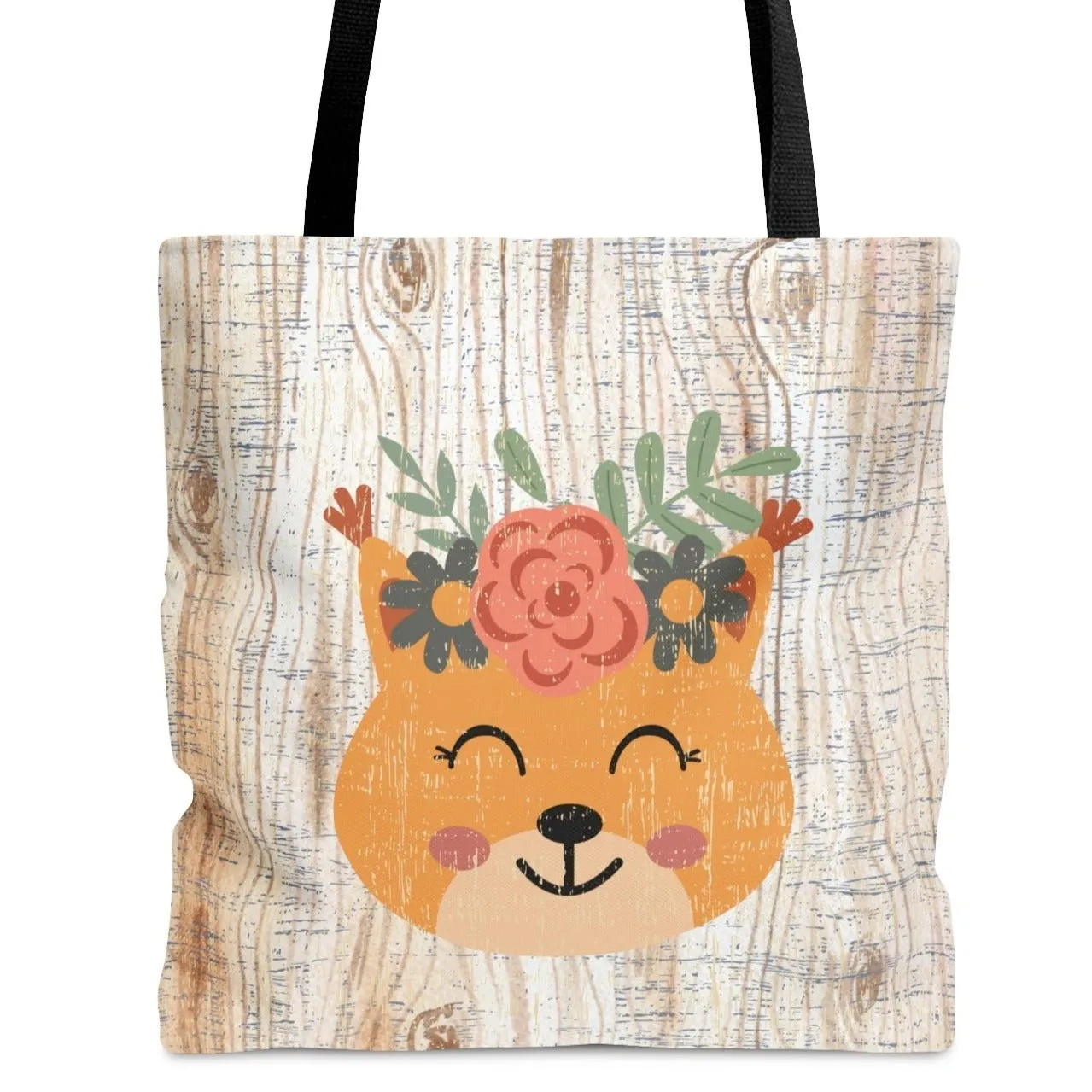 Bear with Flowers on White Wood Background Large Tote Bag - Whimsical Nature-Inspired Accessory