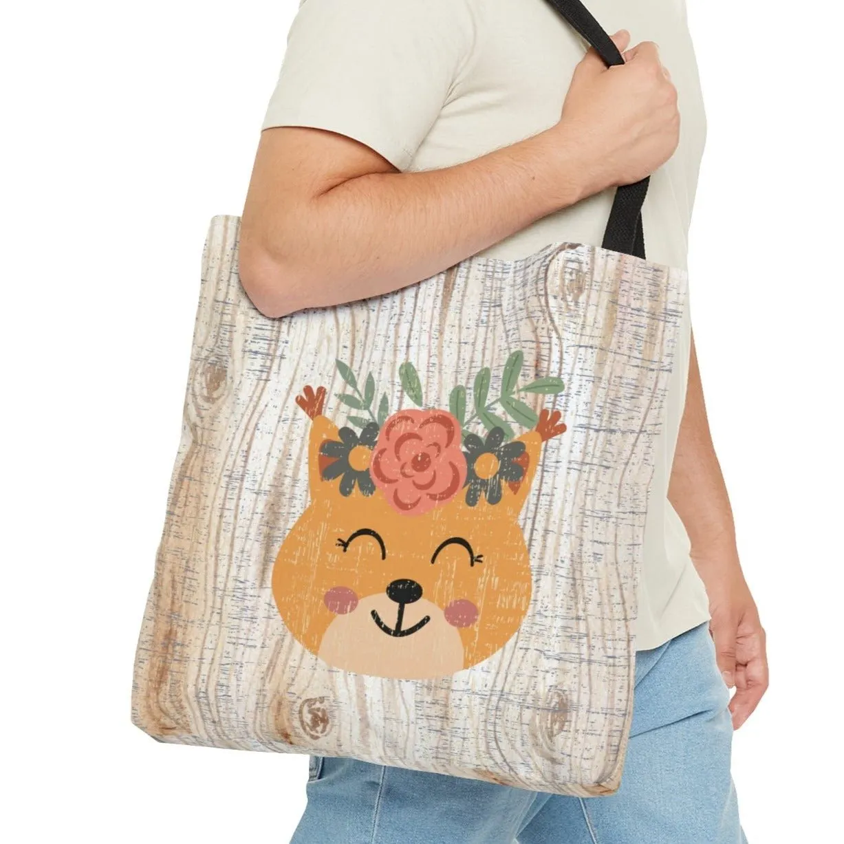 Bear with Flowers on White Wood Background Large Tote Bag - Whimsical Nature-Inspired Accessory