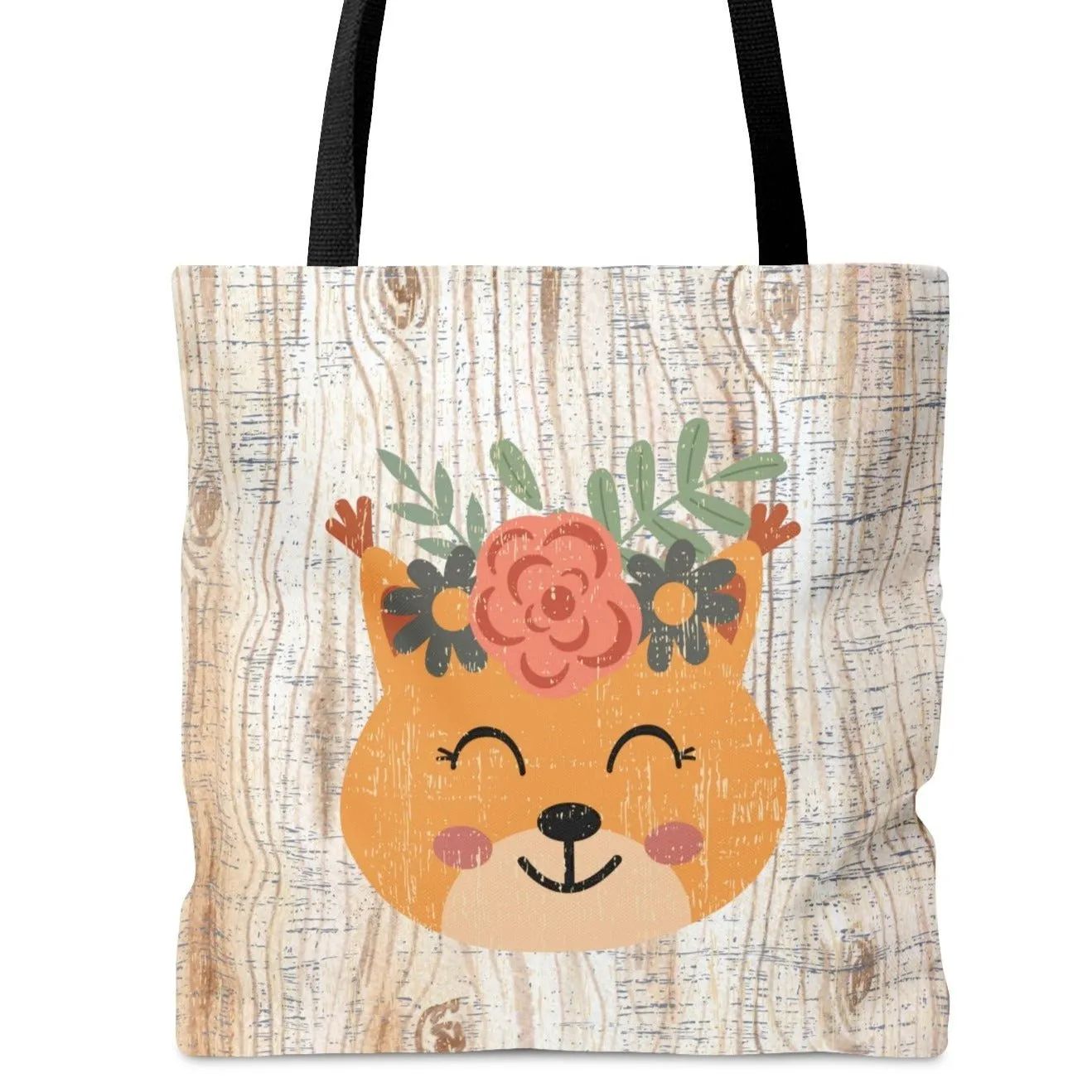 Bear with Flowers on White Wood Background Large Tote Bag - Whimsical Nature-Inspired Accessory