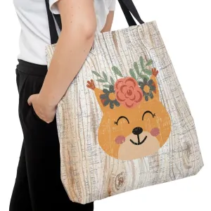 Bear with Flowers on White Wood Background Large Tote Bag - Whimsical Nature-Inspired Accessory