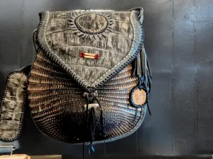 Bohemian Armadillo Shell Whipstitch Messenger Bag, Antler Bone Closure,  Handmade Bohemian Bag Alligator Leather and Fringe Purse Charm