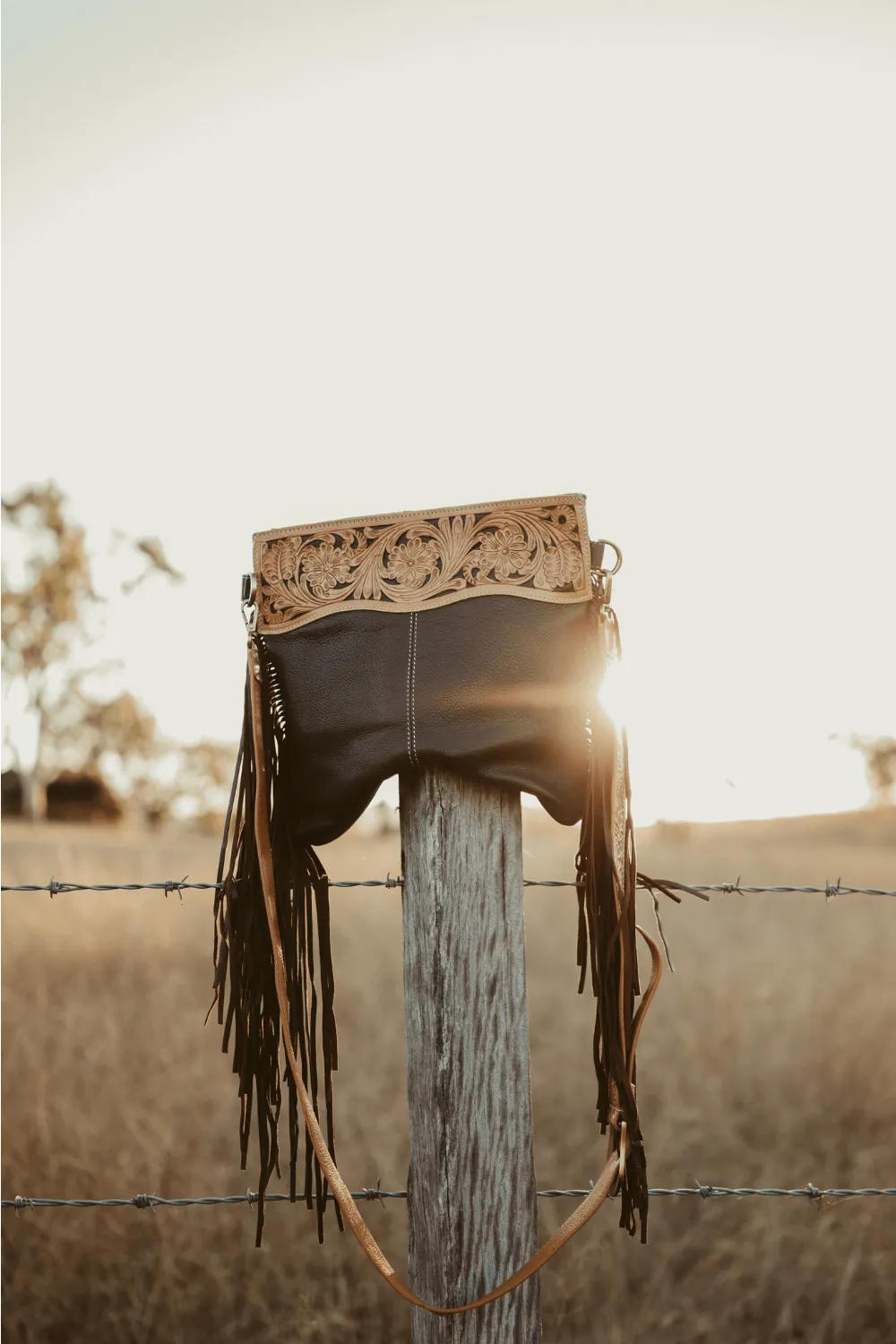 Brown & Tan Tooled Fringe Handbag