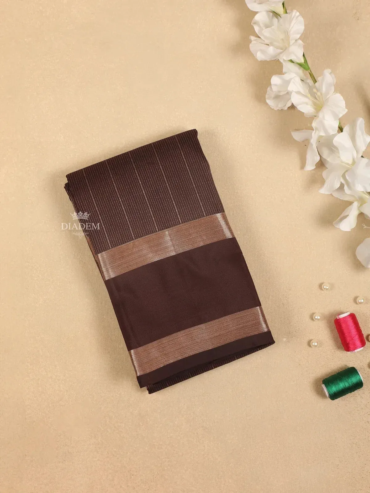 Brown Pure Kanchipuram Bridal Silk Saree with Stripes Design on the Body with Zari Border