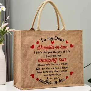 Burlap Bag Tote for Daughter-in-law Large Reusable Jutes Bags with Canvas Handles
