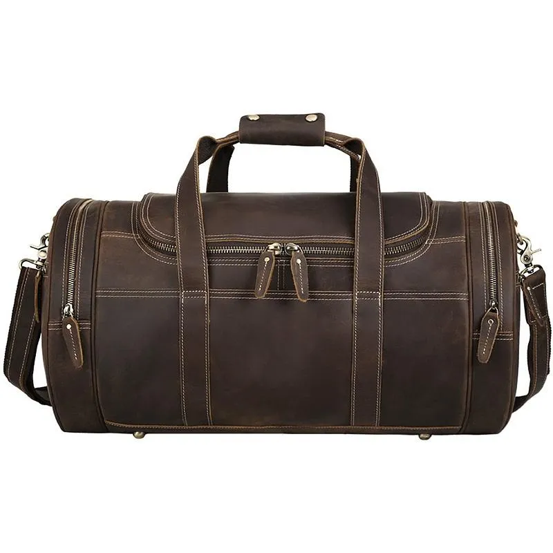 Casual Brown Leather Round Men's Large Overnight Bag Travel Bag Luggage Weekender Bag For Men