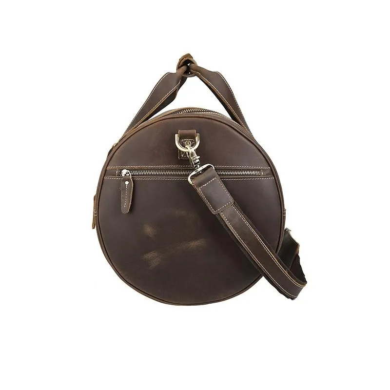 Casual Brown Leather Round Men's Large Overnight Bag Travel Bag Luggage Weekender Bag For Men