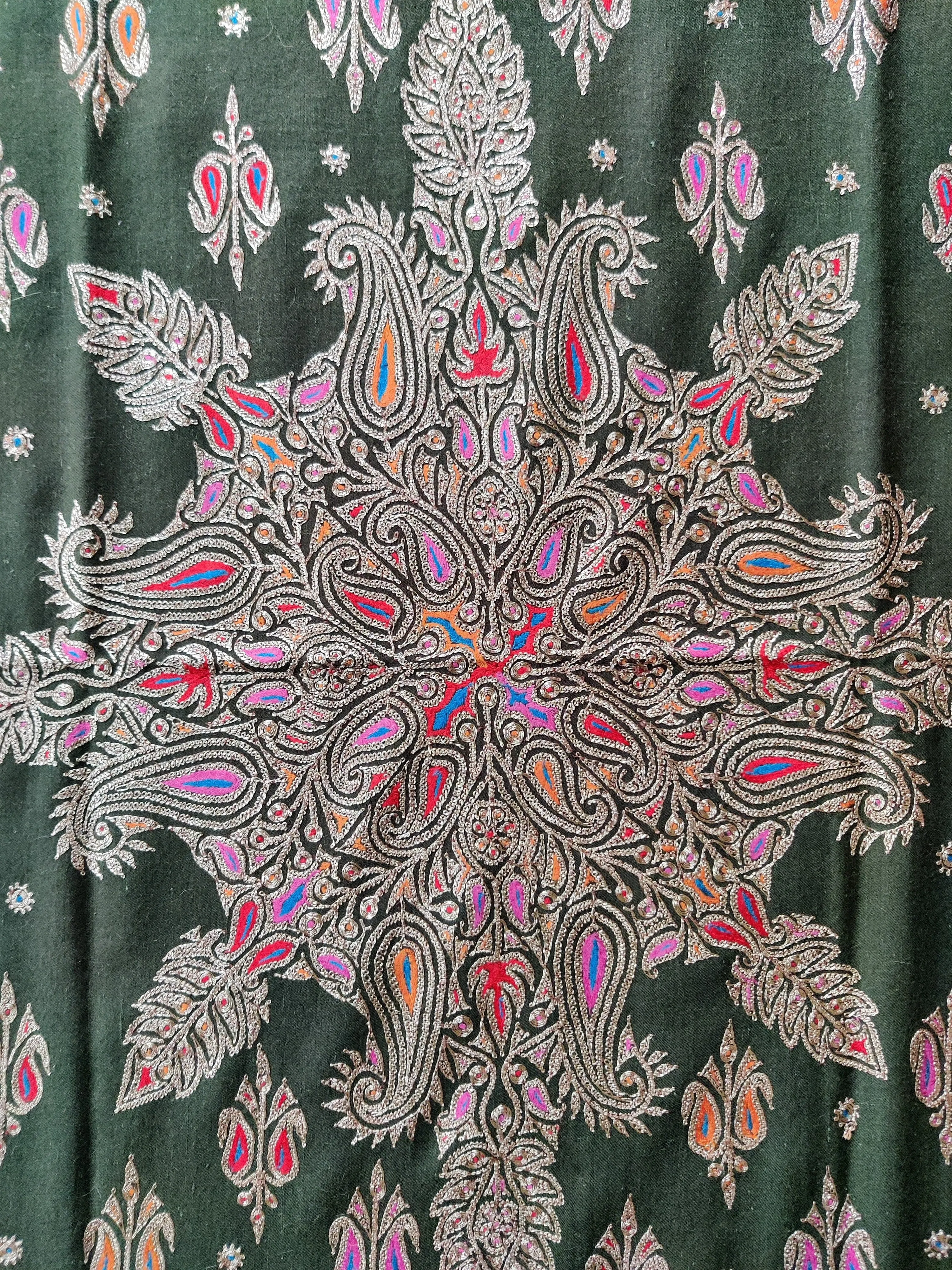 Emerald Enchantment Shawl: Pure Pashmina Shawl with Hand Tilla and Sozni Embroidery