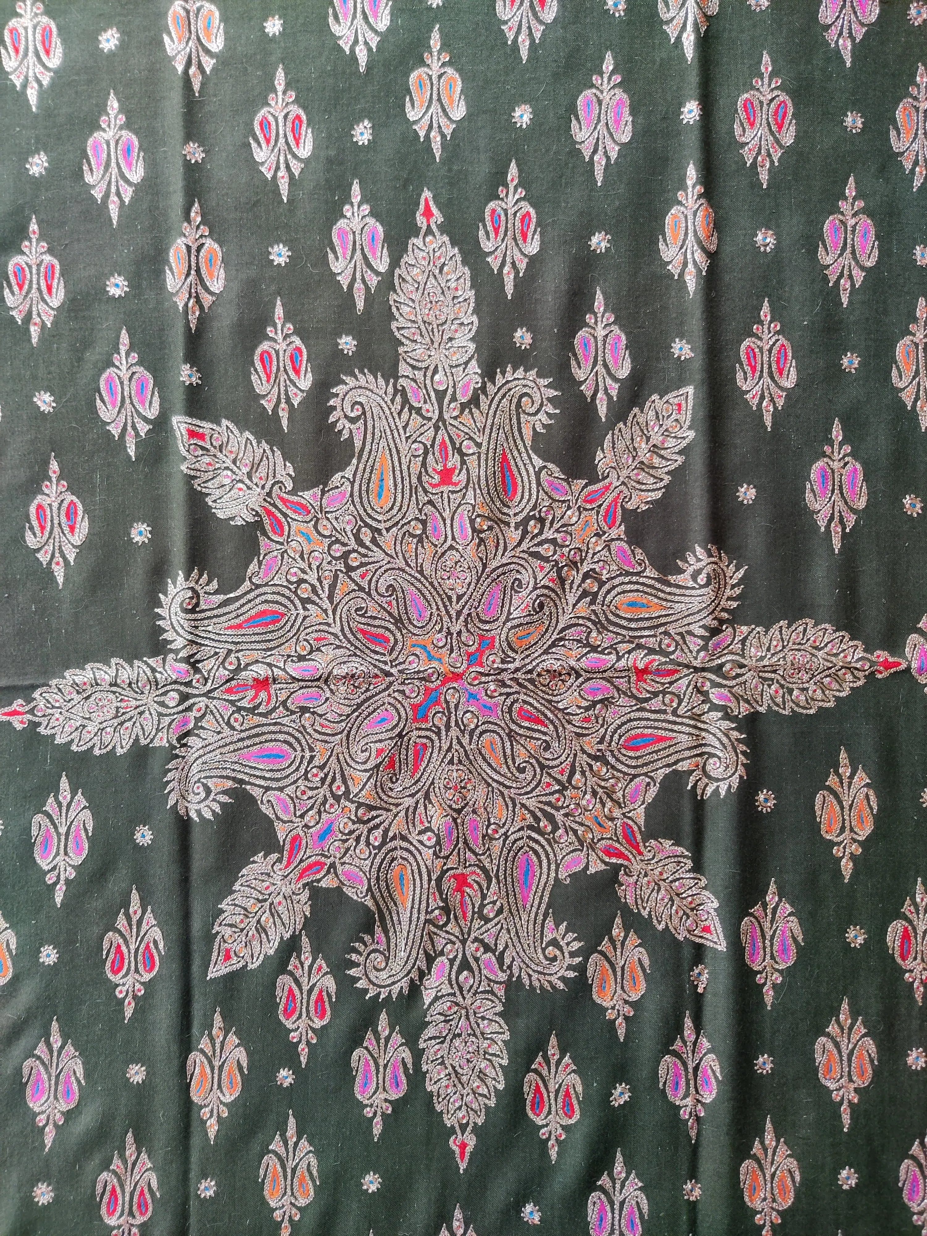 Emerald Enchantment Shawl: Pure Pashmina Shawl with Hand Tilla and Sozni Embroidery