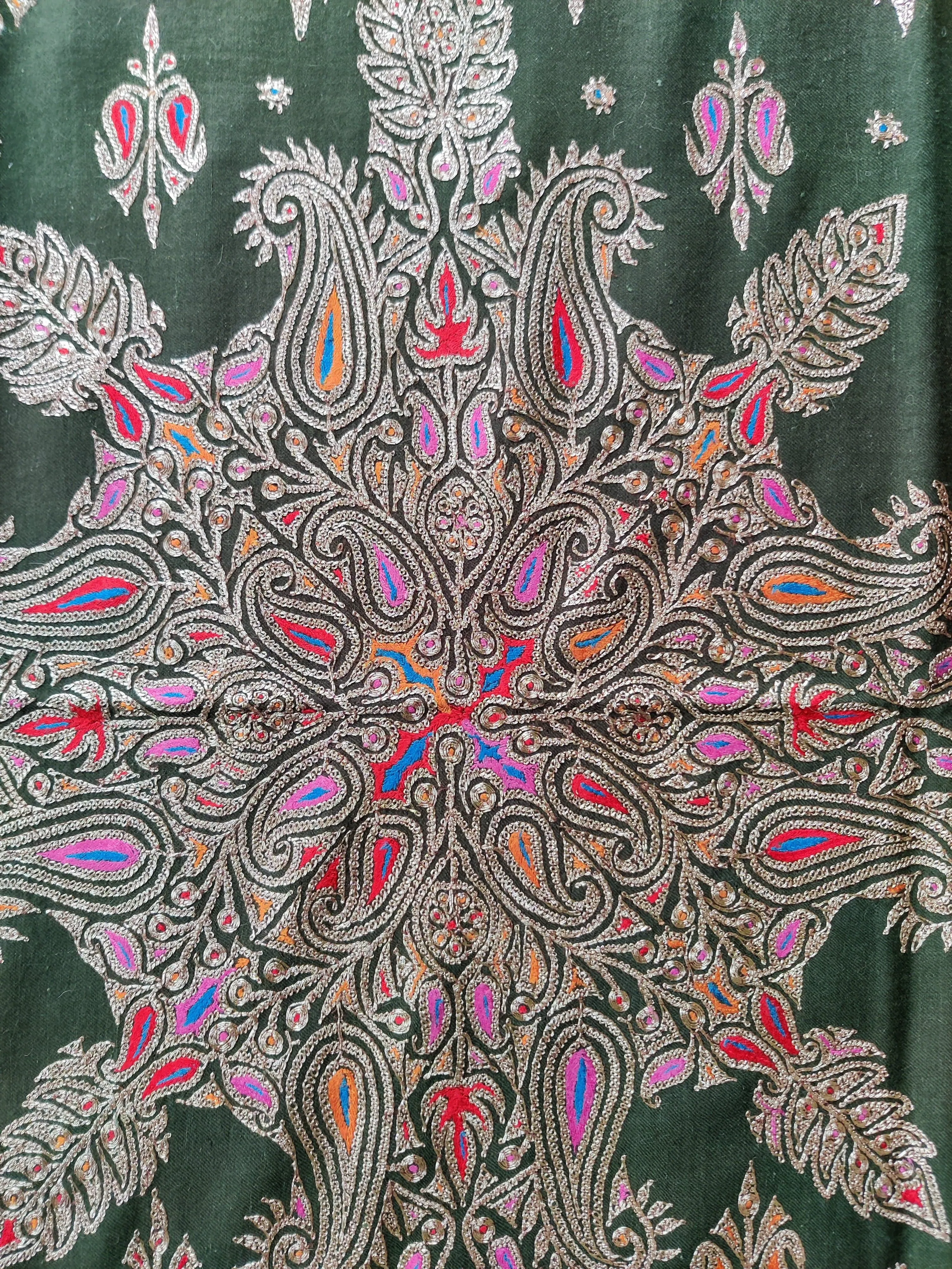 Emerald Enchantment Shawl: Pure Pashmina Shawl with Hand Tilla and Sozni Embroidery