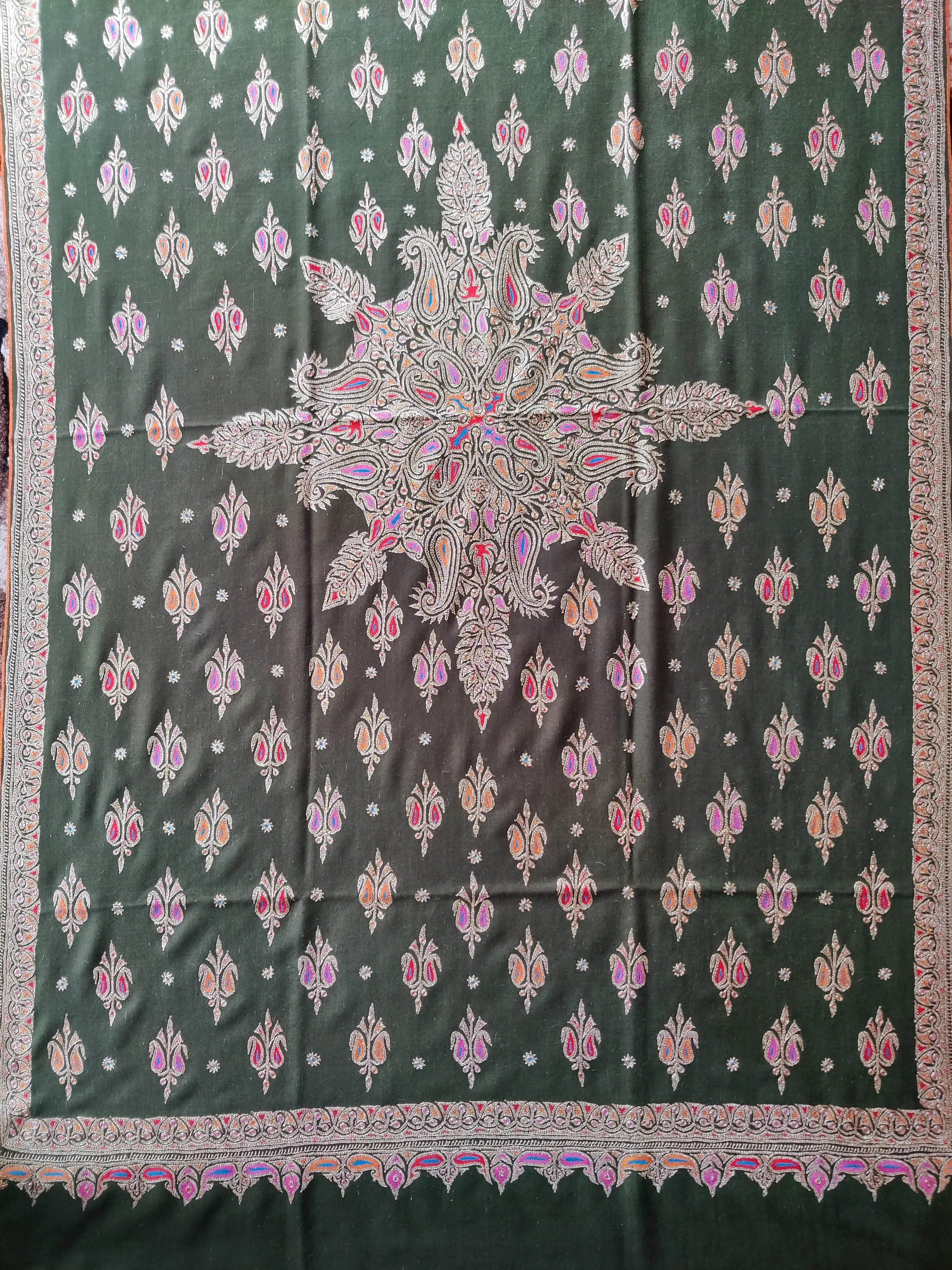 Emerald Enchantment Shawl: Pure Pashmina Shawl with Hand Tilla and Sozni Embroidery