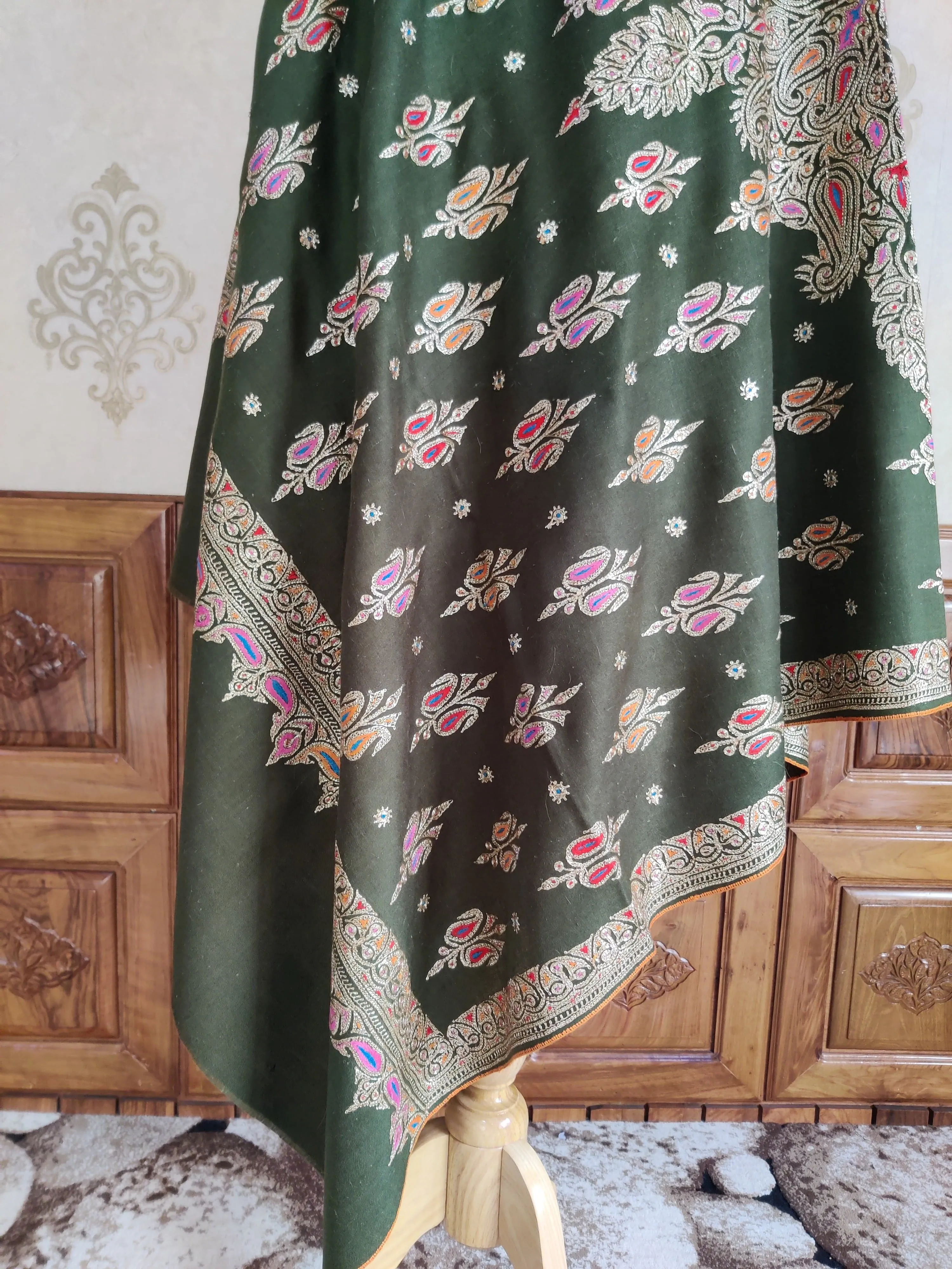 Emerald Enchantment Shawl: Pure Pashmina Shawl with Hand Tilla and Sozni Embroidery