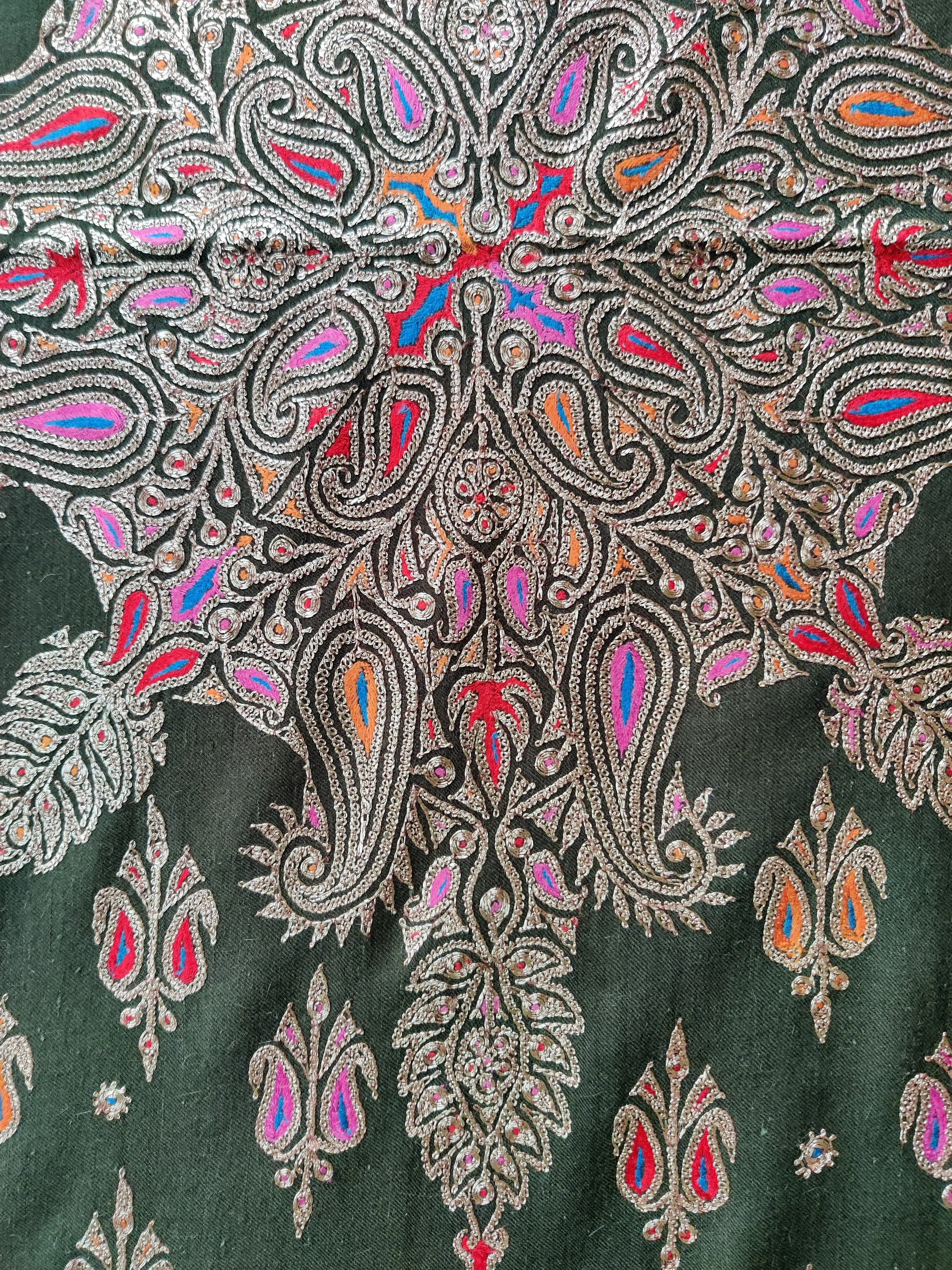 Emerald Enchantment Shawl: Pure Pashmina Shawl with Hand Tilla and Sozni Embroidery