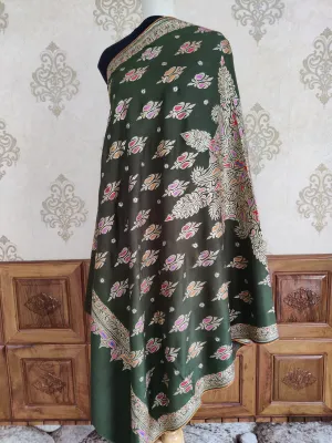 Emerald Enchantment Shawl: Pure Pashmina Shawl with Hand Tilla and Sozni Embroidery