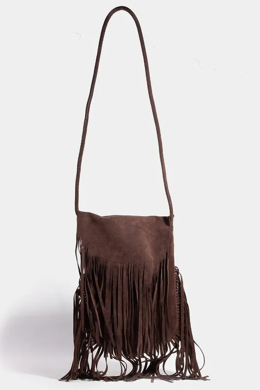 Faux Suede Fringe Detail Crossbody Bag