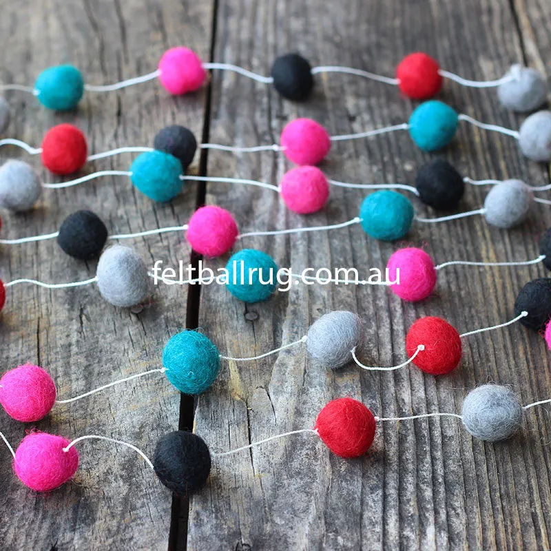 Felt Ball Garland Magenta Rose Ocean Green Black Grey