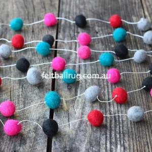 Felt Ball Garland Magenta Rose Ocean Green Black Grey