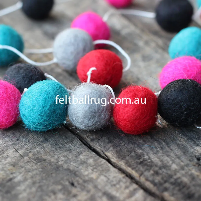 Felt Ball Garland Magenta Rose Ocean Green Black Grey