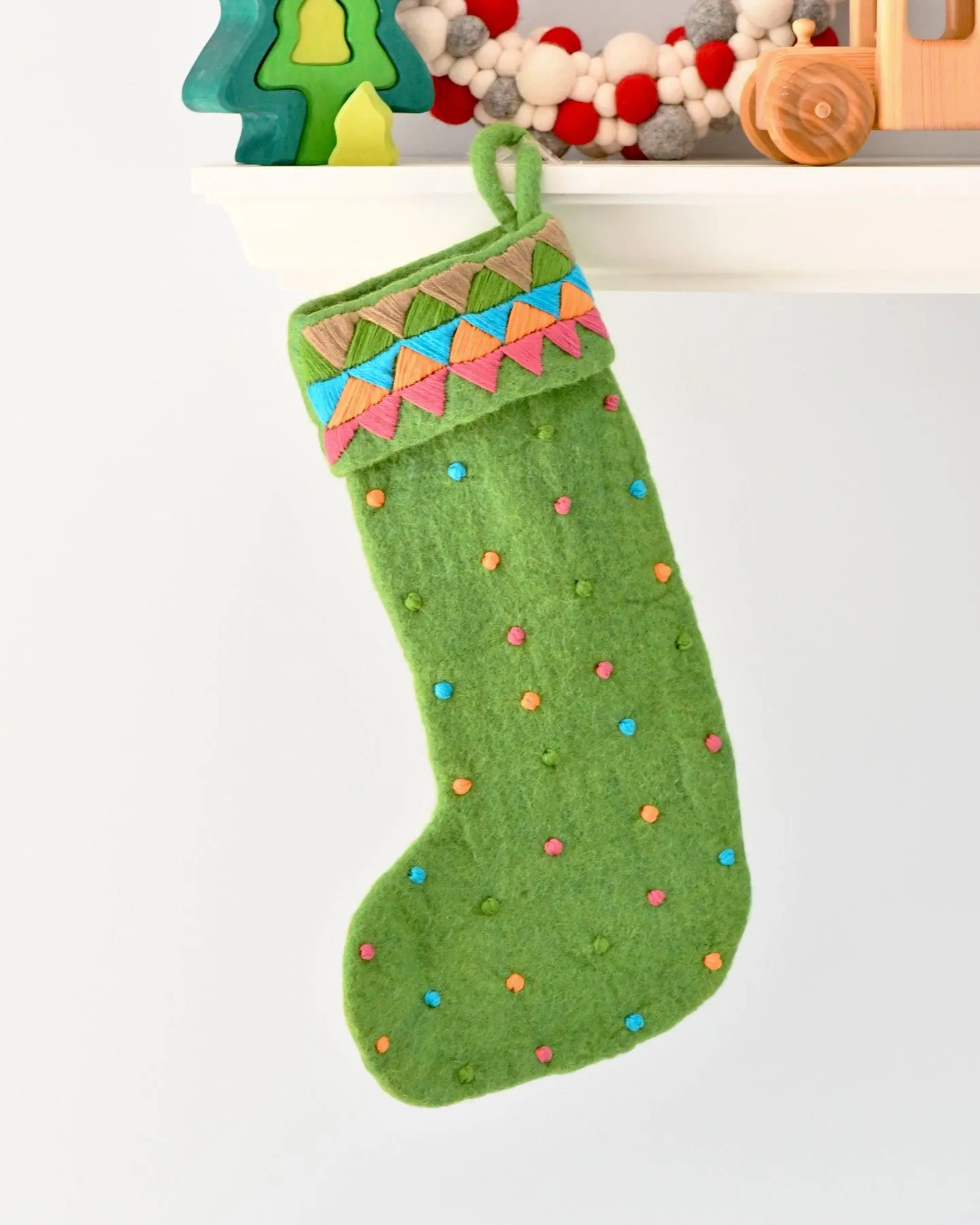 Felt Christmas Stocking - Green Dots