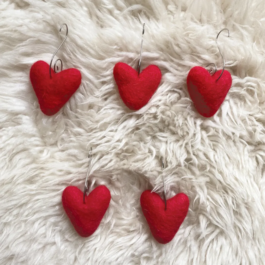 Felt Heart Ornaments (Red) Set of  5, New Zealand