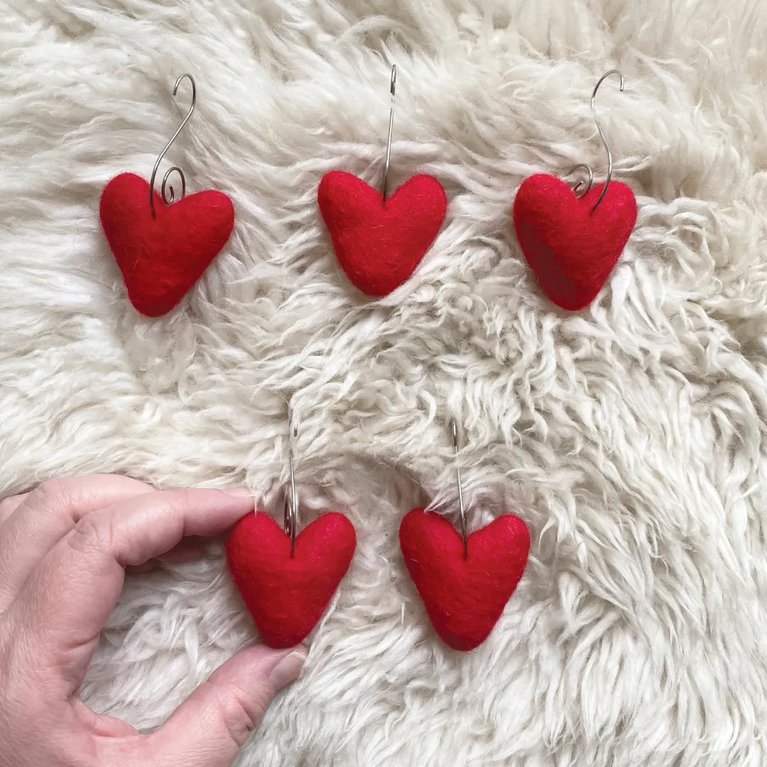 Felt Heart Ornaments (Red) Set of  5, New Zealand